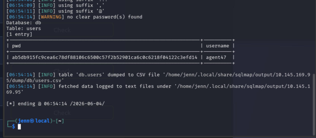 SQLMap dump showing agent47 username and SHA-256 password hash